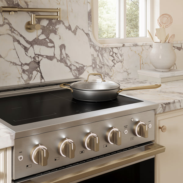 ZLINE Autograph Edition 30 in. 4.2 cu. ft. Marino Induction Range with 4 Element Cooktop and Electric Convection Oven in Stainless Steel with Champagne Bronze Accents (MINRZ-30-CB)