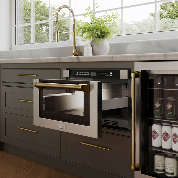 ZLINE Autograph Edition 24 in. 1.2 cu. ft. Built-in Microwave Drawer with a Traditional Handle in Stainless Steel and Champagne Bronze Accents (MWDZ-1-H-CB)