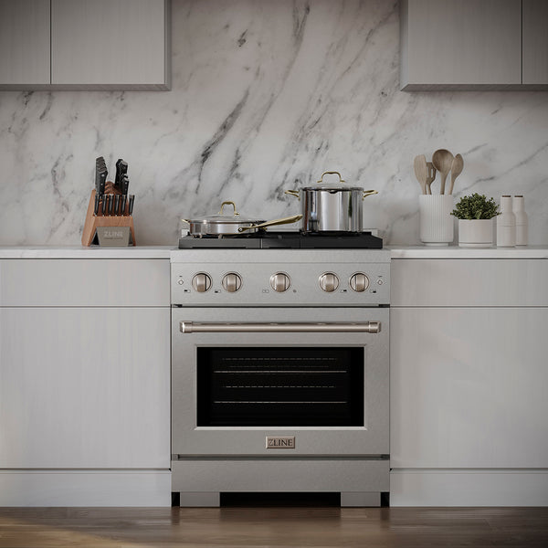 ZLINE 30 in. 4.2 cu. ft. Paramount Gas Range with 4 Burner DuoPro™ Cooktop and Convection Gas Oven in Satin Stainless Steel (PSGRS-30)
