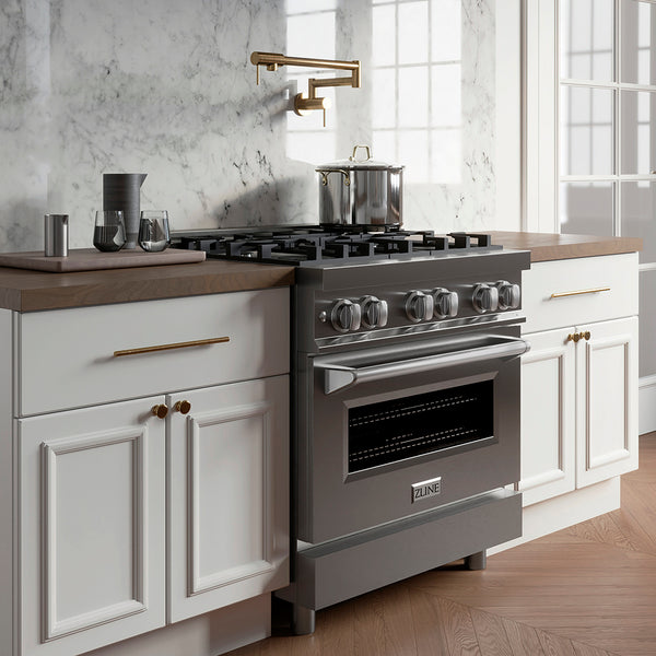 ZLINE 30 in. 4.0 cu. ft. Legacy Dual Fuel Range with 4 Burner Gas Cooktop and Electric Convection Oven in Stainless Steel, Open Box-Great Condition