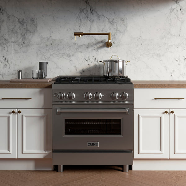 ZLINE 30 in. 4.0 cu. ft. Legacy Dual Fuel Range with 4 Burner Gas Cooktop and Electric Convection Oven in Stainless Steel, Open Box-Great Condition