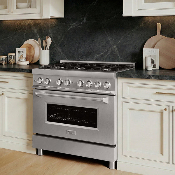 ZLINE 36 in. 4.6 cu. ft. Legacy Dual Fuel Range with 6 Burner Gas Cooktop and Electric Convection Oven in Stainless Steel, Open Box-Great Condition