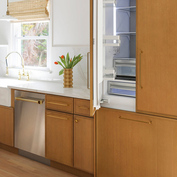 ZLINE Autograph Edition 24 in. Monument Series 3rd Rack Dishwasher with Auto Door Open Drying, 44dBa, Stainless Steel Panel with Polished Gold Handle (DWMTZ-304-24-G)