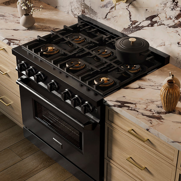 ZLINE 36 in. 5.2 cu. ft. Classic Gas Range with 6 Burner DuoPro™ Cooktop and Convection Gas Oven in Black Stainless Steel (PCGRB-36)