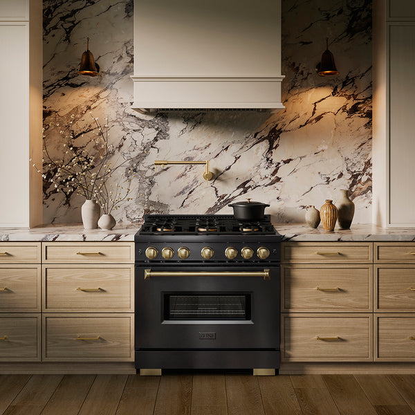 ZLINE Autograph Edition 36 in. 5.2 cu. ft. Classic Gas Range with 6 Burner DuoPro™ Cooktop and Convection Gas Oven in Black Stainless Steel and Champagne Bronze Accents (PCGRBZ-36-CB)