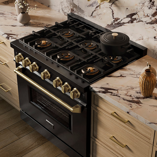 ZLINE Autograph Edition 36 in. 5.2 cu. ft. Classic Gas Range with 6 Burner DuoPro™ Cooktop and Convection Gas Oven in Black Stainless Steel and Champagne Bronze Accents (PCGRBZ-36-CB)
