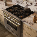 ZLINE Autograph Edition 36 in. 5.2 cu. ft. Classic Gas Range with 6 Burner DuoPro™ Cooktop and Convection Gas Oven in Satin Stainless Steel and Champagne Bronze Accents (PCGRSZ-36-CB)