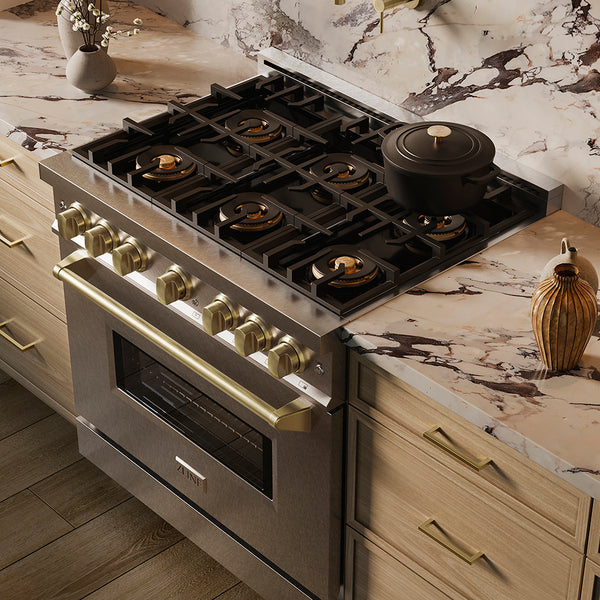 ZLINE Autograph Edition 36 in. 5.2 cu. ft. Classic Gas Range with 6 Burner DuoPro™ Cooktop and Convection Gas Oven in Satin Stainless Steel and Champagne Bronze Accents (PCGRSZ-36-CB)