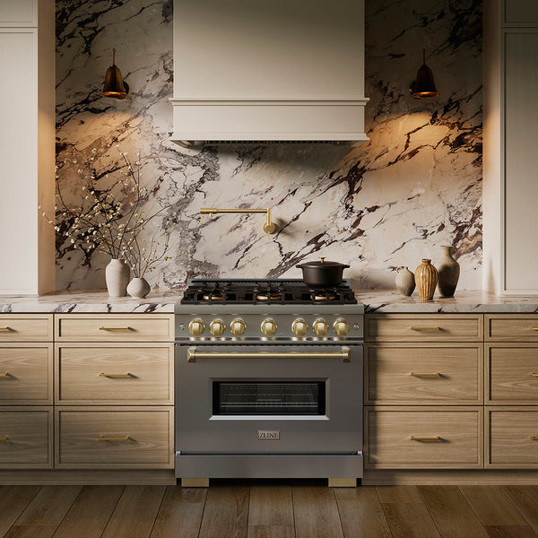 ZLINE Autograph Edition 36 in. 5.2 cu. ft. Classic Gas Range with 6 Burner DuoPro™ Cooktop and Convection Gas Oven in Stainless Steel and Champagne Bronze Accents (PCGRZ-36-CB)