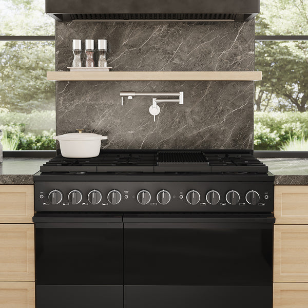 ZLINE 48 in. 6.7 cu. ft. Marino Double Oven Dual Fuel Range with 8 Burner Gas Cooktop in Black Stainless Steel (MDRB-48)