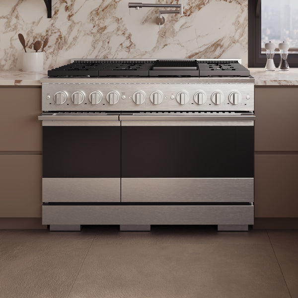 ZLINE 48 in. 6.7 cu. ft. Marino Double Oven Dual Fuel Range in Satin Stainless Steel with 8 Brass Burners (MDRS-BR-48)