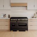 ZLINE Autograph Edition 48 in. 6.7 cu. ft. Classic Dual Fuel Range with 8 Burner DuoPro™ Cooktop and Dual Ovens in Black Stainless Steel and Champagne Bronze Accents, Open Box-Good Condition