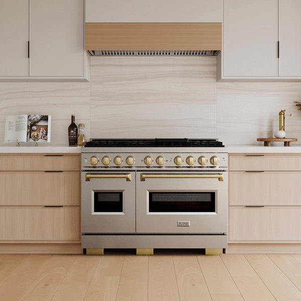 ZLINE Autograph Edition 48 in. 6.7 cu. ft. Classic Dual Fuel Range with 8 Burner DuoPro™ Cooktop and Dual Ovens in Stainless Steel and Champagne Bronze Accents, Open Box-Good Condition