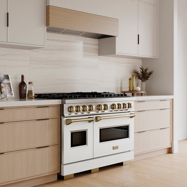 ZLINE Autograph Edition 48 in. 6.7 cu. ft. Classic Dual Fuel Range with 8 Burner DuoPro™ Cooktop and Dual Ovens with White Matte Doors and Champagne Bronze Accents (PCDRZ-WM-48-CB)
