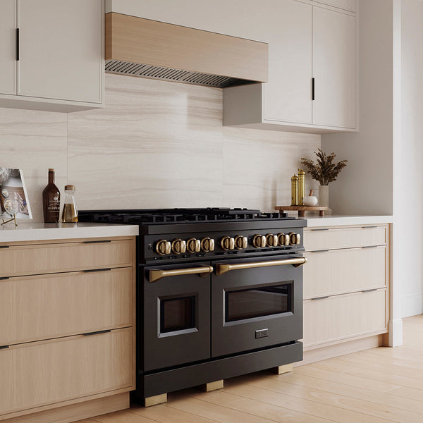 ZLINE Autograph Edition 48 in. 6.7 cu. ft. Classic Gas Range with 8 Burner DuoPro™ Cooktop and Dual Ovens in Black Stainless Steel and Champagne Bronze Accents, Open Box-Good Condition