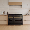 ZLINE Autograph Edition 48 in. 6.7 cu. ft. Classic Gas Range with 8 Burner DuoPro™ Cooktop and Dual Ovens in Black Stainless Steel and Champagne Bronze Accents (PCGRBZ-48-CB)