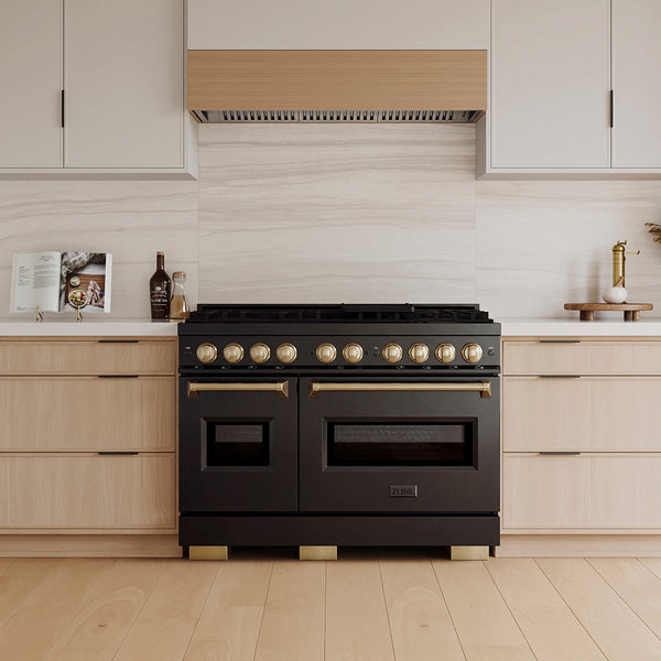 ZLINE Autograph Edition 48 in. 6.7 cu. ft. Classic Gas Range with 8 Burner DuoPro™ Cooktop and Dual Ovens in Black Stainless Steel and Champagne Bronze Accents (PCGRBZ-48-CB)