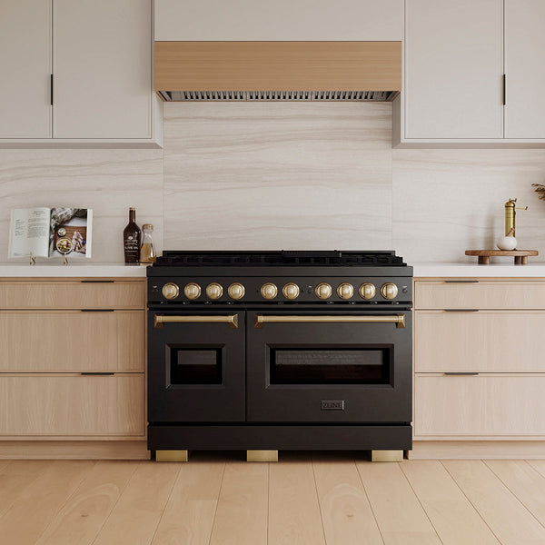 ZLINE Autograph Edition 48 in. 6.7 cu. ft. Classic Gas Range with 8 Burner DuoPro™ Cooktop and Dual Ovens in Black Stainless Steel and Champagne Bronze Accents, Open Box-Good Condition