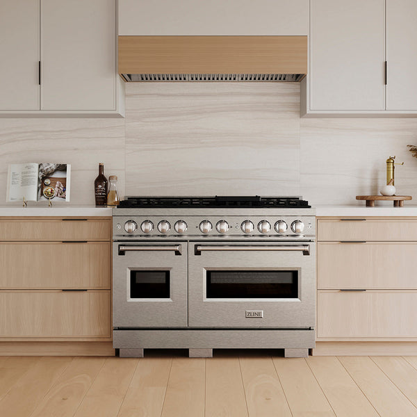 ZLINE 48 in. 6.7 cu. ft. Classic Dual Fuel Range with 8 Burner DuoPro™ Cooktop and Dual Ovens in Satin Stainless Steel, Open Box-Good Condition