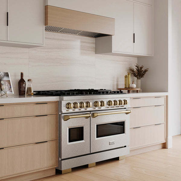 ZLINE Autograph Edition 48 in. 6.7 cu. ft. Classic Gas Range with 8 Burner DuoPro™ Cooktop and Dual Ovens in Satin Stainless Steel and Champagne Bronze Accents (PCGRSZ-48-CB)