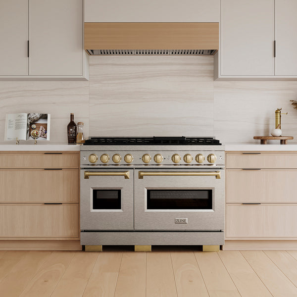 ZLINE Autograph Edition 48 in. 6.7 cu. ft. Classic Gas Range with 8 Burner DuoPro™ Cooktop and Dual Ovens in Satin Stainless Steel and Champagne Bronze Accents (PCGRSZ-48-CB)