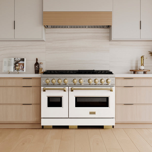 ZLINE Autograph Edition 48 in. 6.7 cu. ft. Classic Gas Range with 8 Burner DuoPro™ Cooktop and Dual Ovens in Satin Stainless Steel with White Matte Doors and Champagne Bronze Accents (PCGRSZ-WM-48-CB)
