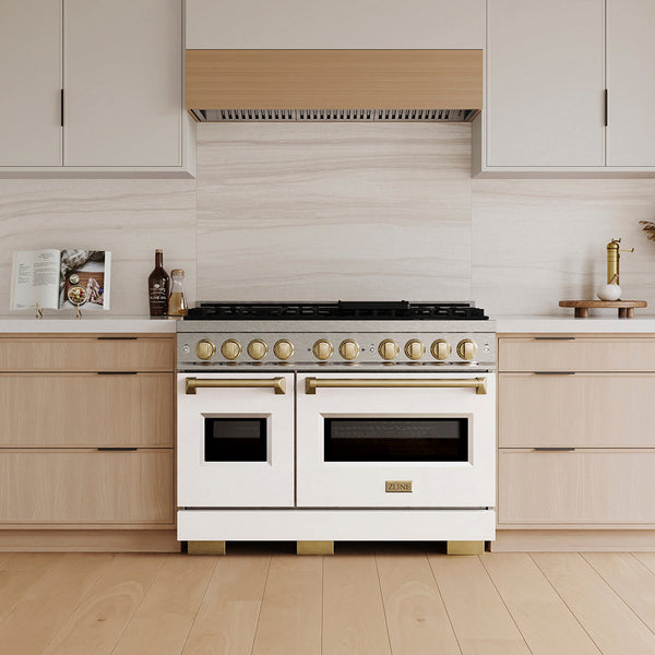 ZLINE Autograph Edition 48 in. 6.7 cu. ft. Classic Gas Range with 8 Burner DuoPro™ Cooktop and Dual Ovens in Satin Stainless Steel with White Matte Doors and Champagne Bronze Accents, Open Box-Good Condition