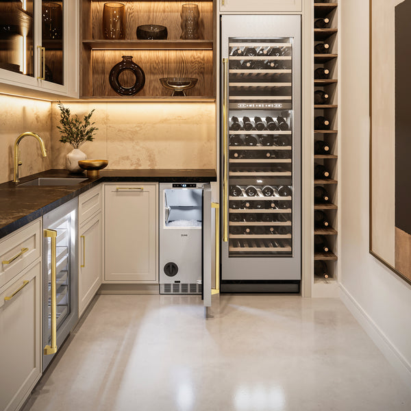 ZLINE Autograph Edition 15 in. Touchstone Nugget Ice Maker with Drain Pump and Solid Stainless Steel Door with Polished Gold Handle (INGDZ-ST-15-G)