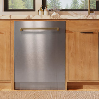 ZLINE Autograph Edition 24 in. Monument Series 3rd Rack Dishwasher with Auto Door Open Drying, 44dBa, Stainless Steel Panel with Polished Gold Handle (DWMTZ-304-24-G)