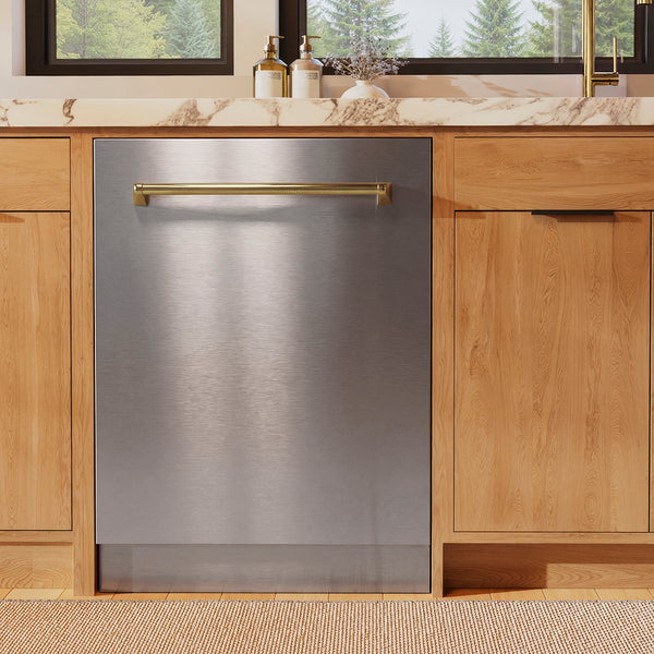 ZLINE Autograph Edition 24 in. Monument Series 3rd Rack Dishwasher with Auto Door Open Drying, 44dBa, Stainless Steel Panel with Polished Gold Handle (DWMTZ-304-24-G)