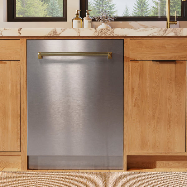 ZLINE Autograph Edition 24 in. Monument Series 3rd Rack Dishwasher with Auto Door Open Drying, 44dBa, Stainless Steel Panel with Polished Gold Handle (DWMTZ-304-24-G)