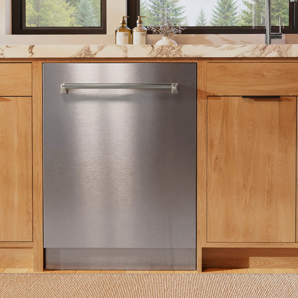 ZLINE Autograph Edition 24 in. Monument Series 3rd Rack Dishwasher with Auto Door Open Drying, 44dBa, Stainless Steel Panel with Polished Nickel Helix Handle (DWMTZ-30424-KPN)