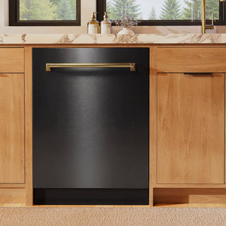 ZLINE Autograph Edition 24 in. Monument Series 3rd Rack Dishwasher with Auto Door Open Drying, 44dBa, Black Stainless Steel Panel with Polished Gold Handle (DWMTZ-BS-24-G)