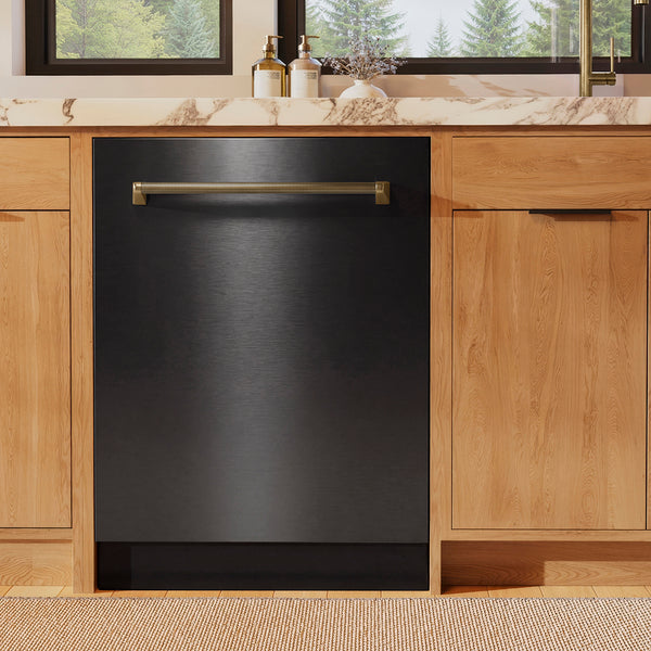 ZLINE Autograph Edition 24 in. Monument Series 3rd Rack Dishwasher with Auto Door Open Drying, 44dBa, Black Stainless Steel Panel with Champagne Bronze Helix Handle (DWMTZ-BS-24-KCB)