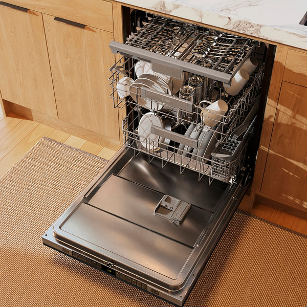 ZLINE Autograph Edition 24 in. Monument Series 3rd Rack Dishwasher with Auto Door Open Drying, 44dBa, Black Stainless Steel Panel with Polished Gold Helix Handle (DWMTZ-BS-24-KG)