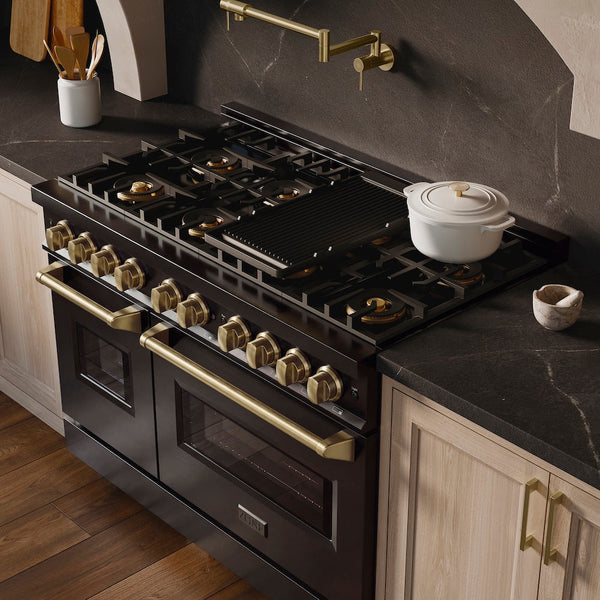 ZLINE Autograph Edition 48 in. 6.7 cu. ft. Classic Dual Fuel Range with 8 Burner DuoPro™ Cooktop and Dual Ovens in Black Stainless Steel and Champagne Bronze Accents, Open Box-Good Condition