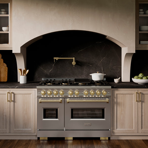 ZLINE Autograph Edition 48 in. 6.7 cu. ft. Classic Dual Fuel Range with 8 Burner DuoPro™ Cooktop and Dual Ovens in Stainless Steel and Champagne Bronze Accents (PCDRZ-48-CB)