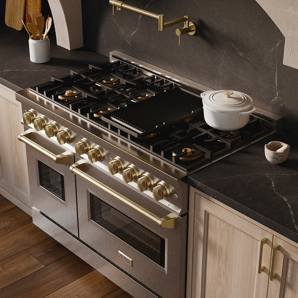 ZLINE Autograph Edition 48 in. 6.7 cu. ft. Classic Gas Range with 8 Burner DuoPro™ Cooktop and Dual Ovens in Satin Stainless Steel and Champagne Bronze Accents (PCGRSZ-48-CB)
