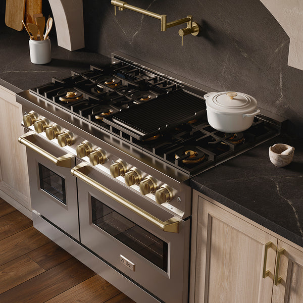 ZLINE Autograph Edition 48 in. 6.7 cu. ft. Classic Gas Range with 8 Burner DuoPro™ Cooktop and Dual Ovens in Stainless Steel and Champagne Bronze Accents (PCGRZ-48-CB)