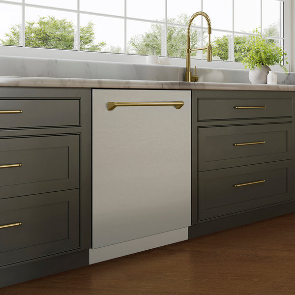 ZLINE Autograph Edition 24 in. Monument Series 3rd Rack Dishwasher with Auto Door Open Drying, 44dBa, Stainless Steel Panel with Champagne Bronze Handle (DWMTZ-304-24-CB)