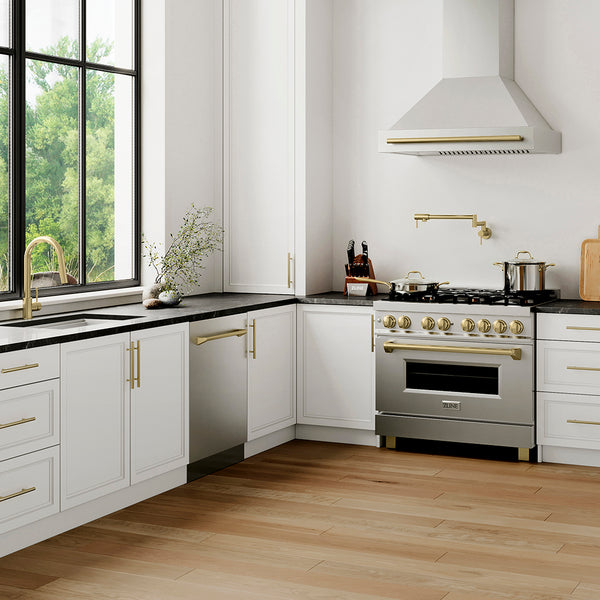 ZLINE Autograph Edition 36 in. 4.6 cu. ft. Legacy Dual Fuel Range with 6 Burner Gas Cooktop and Electric Convection Oven in Stainless Steel and Champagne Bronze Accents (RAZ-36-CB)
