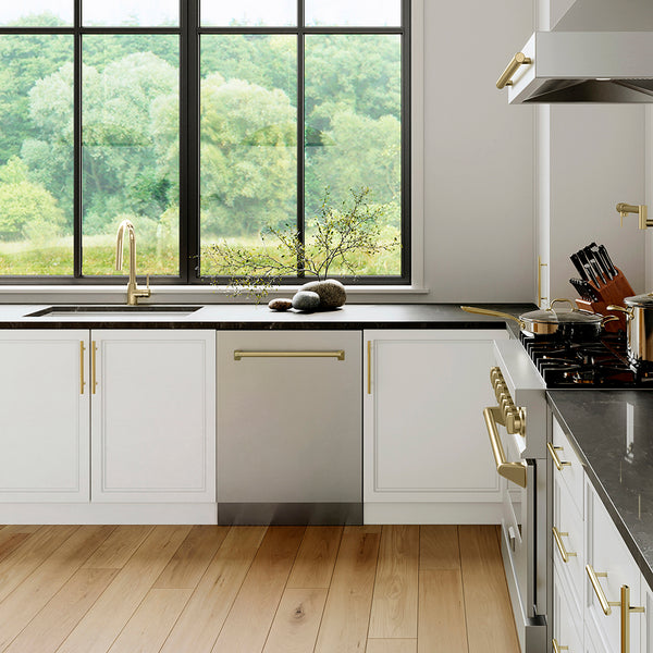 ZLINE Autograph Edition 24 in. Tallac Series 3rd Rack Dishwasher with Auto Door Open Drying, 51dBa, Stainless Steel Panel with Champagne Bronze Handle (DWVZ-304-24-CB)