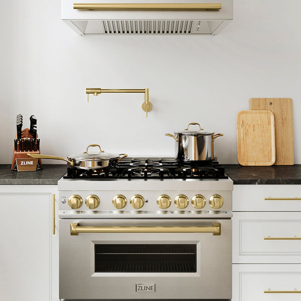 ZLINE Autograph Edition 36 in. 4.6 cu. ft. Legacy Dual Fuel Range with 6 Burner Gas Cooktop and Electric Convection Oven in Stainless Steel and Champagne Bronze Accents (RAZ-36-CB)