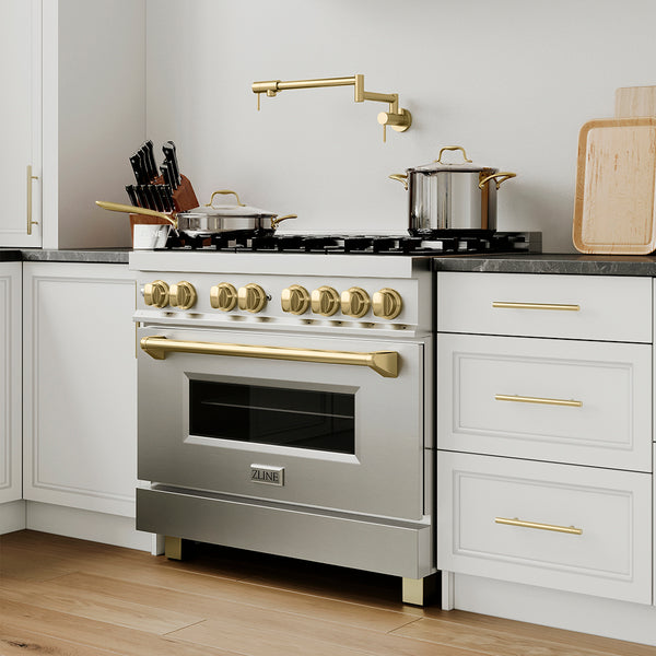 ZLINE Autograph Edition 36 in. 4.6 cu. ft. Legacy Dual Fuel Range with 6 Burner Gas Cooktop and Electric Convection Oven in Stainless Steel and Champagne Bronze Accents (RAZ-36-CB)