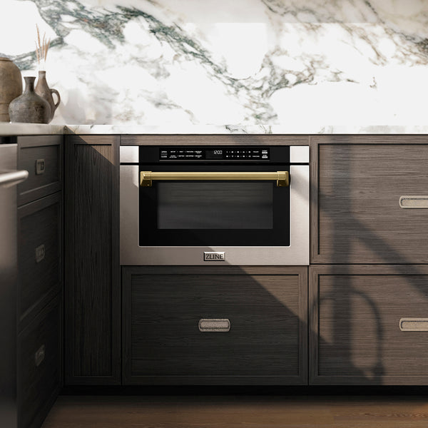 ZLINE Autograph Edition 24 in. 1.2 cu. ft. Built-in Microwave Drawer with a Traditional Handle in Stainless Steel and Champagne Bronze Accents (MWDZ-1-H-CB)