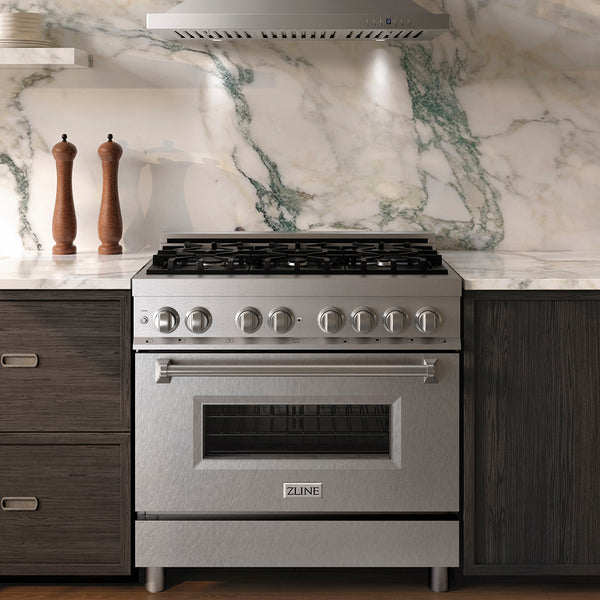 ZLINE 36 in. 4.6 cu. ft. Legacy Dual Fuel Range with 6 Burner Gas Cooktop and Electric Convection Oven in Stainless Steel with Satin Stainless Steel Door (RA-SN-36)