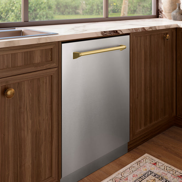 ZLINE Autograph Edition 24 in. Monument Series 3rd Rack Top Touch Control Tall Tub Dishwasher in Stainless Steel with Champagne Bronze Handle, 45dBa (DWMTZ-304-24-CB)