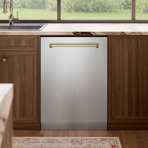 ZLINE Autograph Edition 24 in. Monument Series 3rd Rack Top Touch Control Tall Tub Dishwasher in Stainless Steel with Champagne Bronze Handle, 45dBa (DWMTZ-304-24-CB)