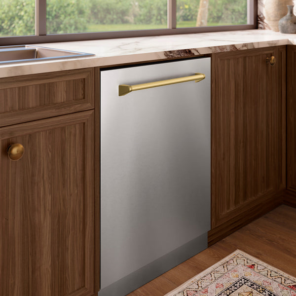 ZLINE Autograph Edition 24 in. Tallac Series 3rd Rack Dishwasher with Auto Door Open Drying, 51dBa, Stainless Steel Panel with Champagne Bronze Handle (DWVZ-304-24-CB)