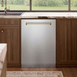 ZLINE Autograph Edition 24 in. Tallac Series 3rd Rack Dishwasher with Auto Door Open Drying, 51dBa, Stainless Steel Panel with Champagne Bronze Handle (DWVZ-304-24-CB)